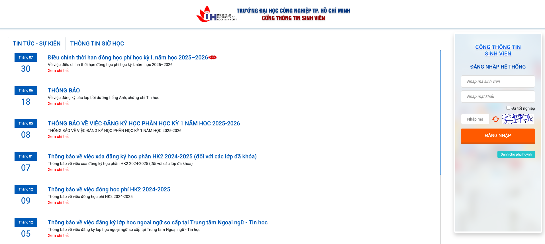 Giao diện Cổng thông tin Sinh viên