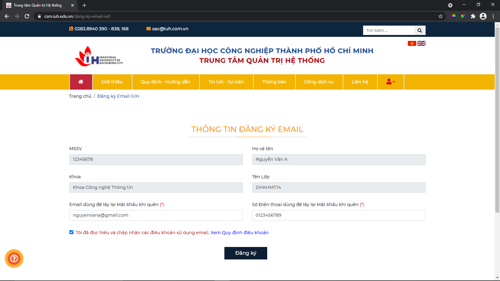 Giao diện Cổng thông tin Sinh viên